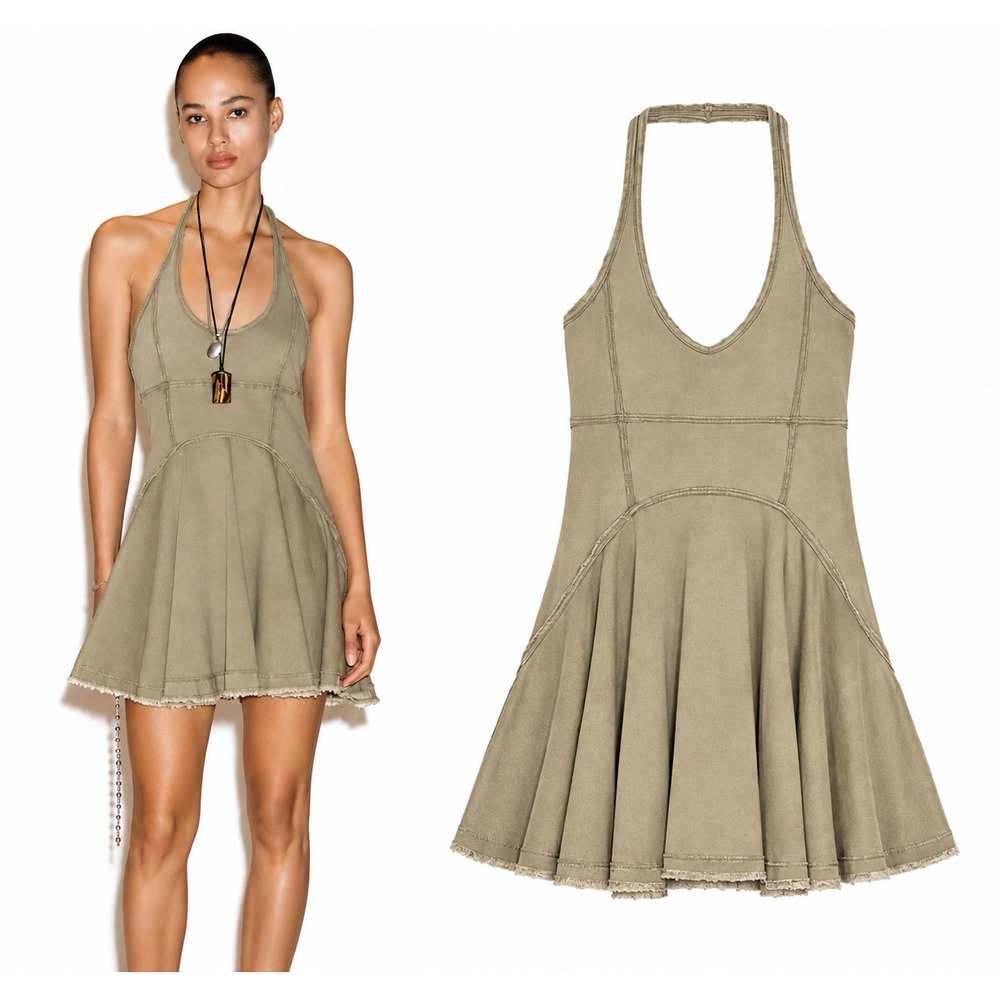 Zara TRF Khaki Denim Halter Mini Dress Frayed Hem Size S 6050/348/506